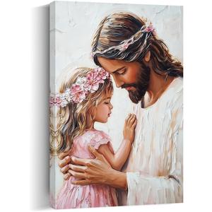 QIXIANG Religious Canvas Wall Art Jesus and Little Girl Prayer Picture Prints Pink Christian Painting Easter Christmas Gift Home Decor Framed(Pink,24L x 16W)