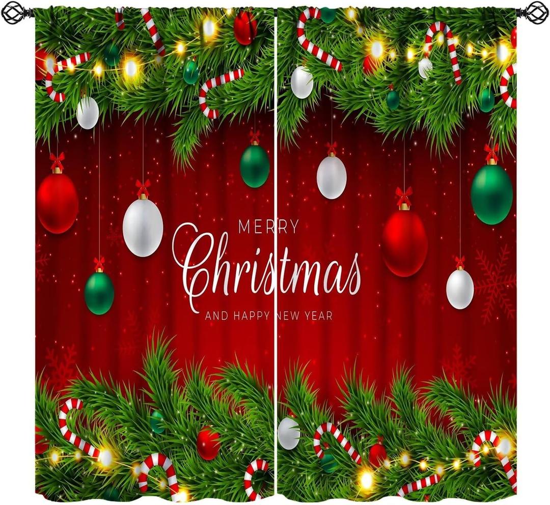 Red Merry Christmas Curtains Xmas Winter Snowflake Star Pine Tree Colourful Ball Art Printed Rod Pocket Blackout Window Drapes for Living Room Bedroom Kitchen Cafe Decor W21xL45inx2 Decor
