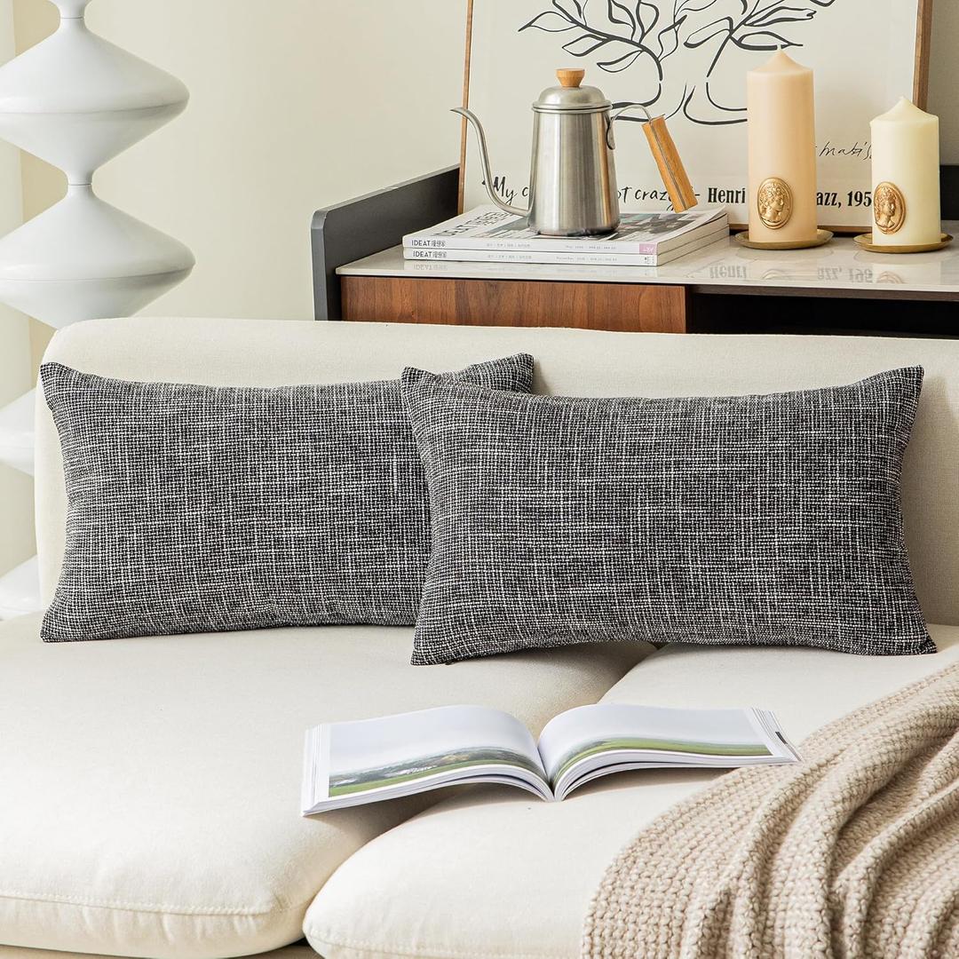 Kevin Textile Faux Linen Square 2 Tone Woven Fine Throw Pillow Sham Cushion Case Covers for Car/Couch Use, 12x20 inch(2 Packs, Black)