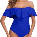 ZINPRETTY Womens Retro One Piece Bathing Suit Tummy Control Off Shoulder Swimsuit Flounce Ruffled Monokini Full Coverage (Large, Dark Blue Swimsuit)
