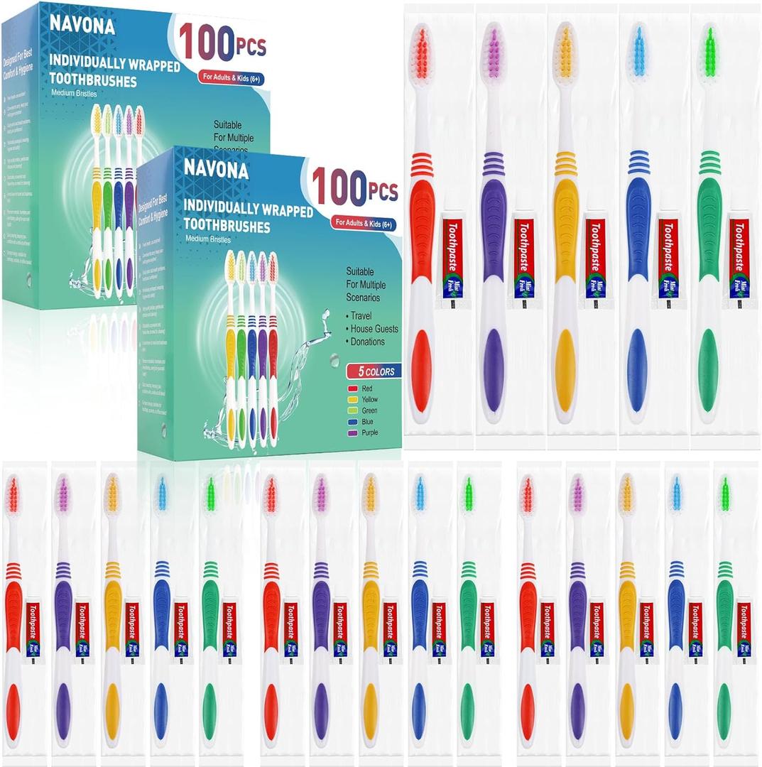 Navona 200 PCS Disposable Toothbrush with Toothpaste Bulk, Travel Toothpaste, Bulk Toothpastes, Individually Wrapped Bulk Toothbrush, Ergonomics Handle,Medium Soft Bristle, Perfect for Travel, Hotel (1 Count (Pack of 200))