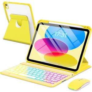 Case with Keyboard Mouse for iPad A16 11th 10th Generation 11/10.9 inch,Rainbow Backlit Detachable Keypad Rotatable Magnetic Cover with Pencil Holder for iPad 11 2025 10 Gen 2022 Yellow