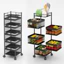 Fruit and Vegetable Basket for Kitchen No Assembly Rotating Storage Rack,Bathroom Storage Shelf, Kitchen Organizers and Storage Cart on Rolling Wheels(Black, 5 Tier-Square)
