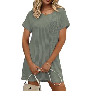 Ekouaer Nightgowns for Women Ribbed Viscose Sleep Shirts T-shirt Sleep Dress Short Sleeve Night Shirt with Chest Pocket S-2XL (Gray, M)