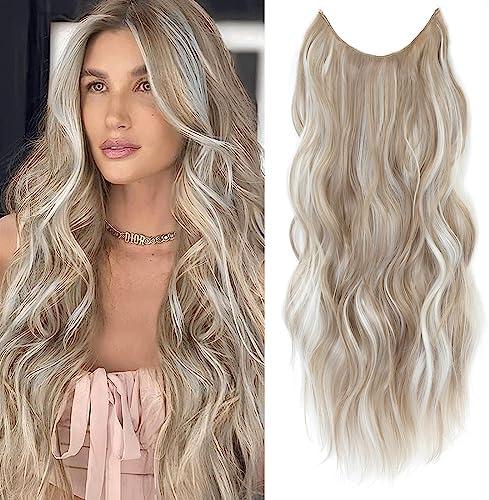 BUPPLER Halo Hair Extensions 24 Inch Invisible Wire Hair Extensions Adjustable Long Wavy Hairpiece Synthetic Upgrade 4 Secure Clips in Hairpieces 24 Inch,Dark Ash Blonde Mix Platinum Blonde