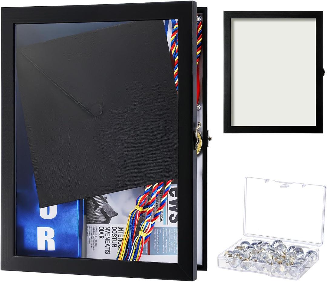 DoubleFill Graduation Shadow Box, 17. 7 x 23. 6 Inch Large Graduation Shadow Frame with Glass Window and Metal Lock, for Grad Cap and Gown Keepsake Memorabilia Pictures Flowers Medals Tickets