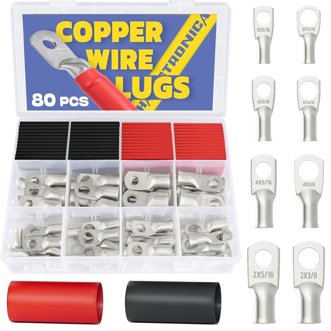 Haisstronica 80PCS Tinned Copper Wire Lugs Kit,AWG 8 6 4 2 Heavy Duty Battery Cable Lugs,Eyelets Tubular Ring Terminal,Battery Terminals with 3:1 Heat Shrink Tube
