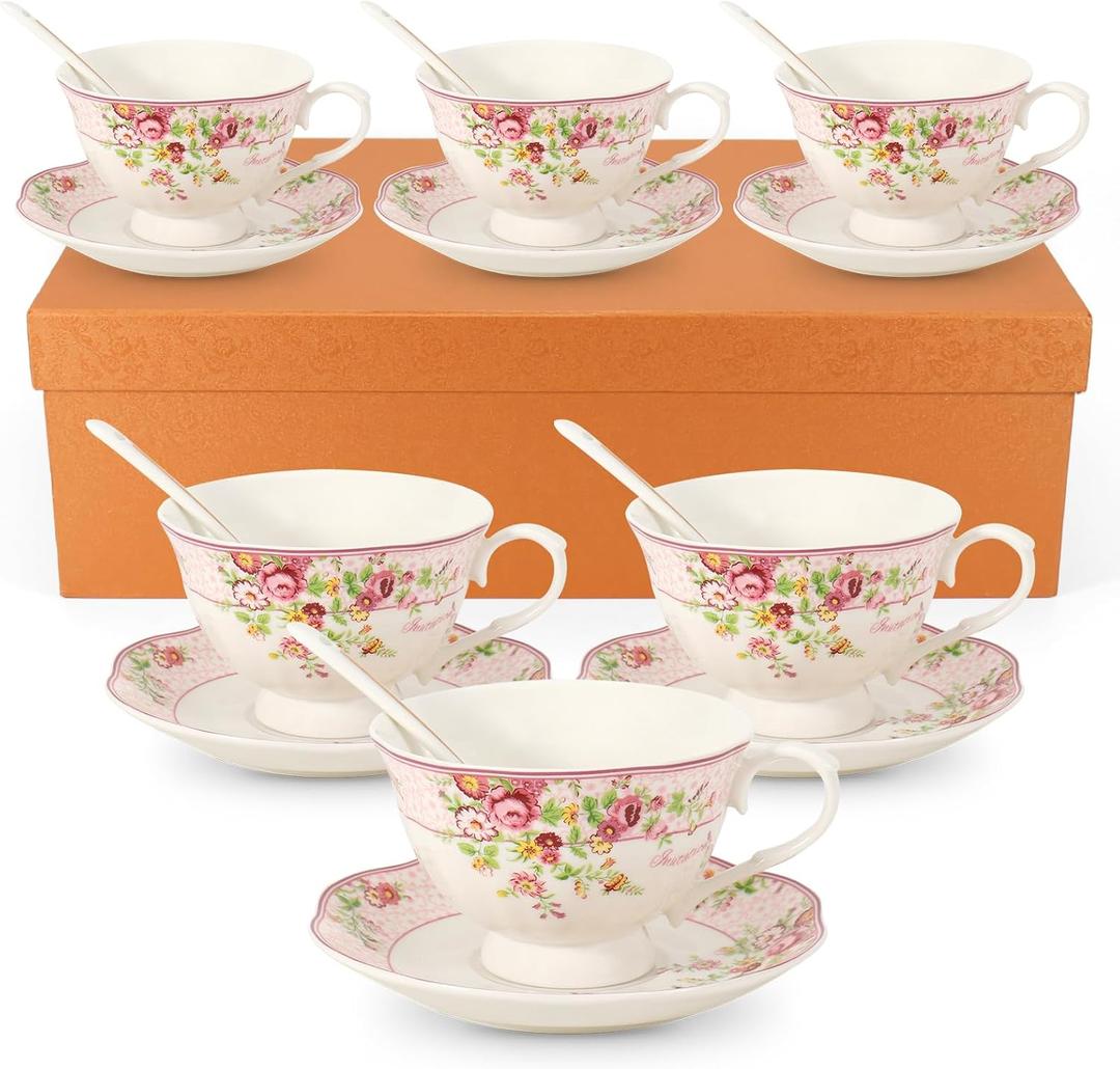 Cup and Saucer Sets of 6 with Spoon, Large Coffee Cups and Saucers New Bone China Floral Vintage Cup & Saucer Sets Porcelain Tea Latte Tea Mugs -Microwave Dishwasher Safe