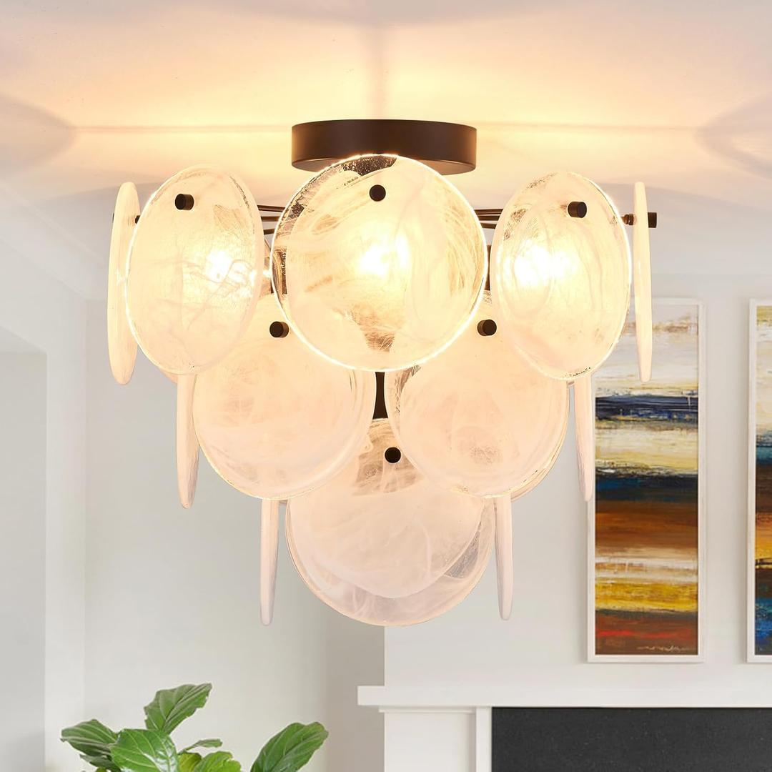 Modern Flush Mount Glass Ceiling Light, Black Hallway Lights Vintage Chandelier, 4-Light Unique Light Fixture for Bedroom Entryway Kitchen Laundry Bathroom Farmhouse