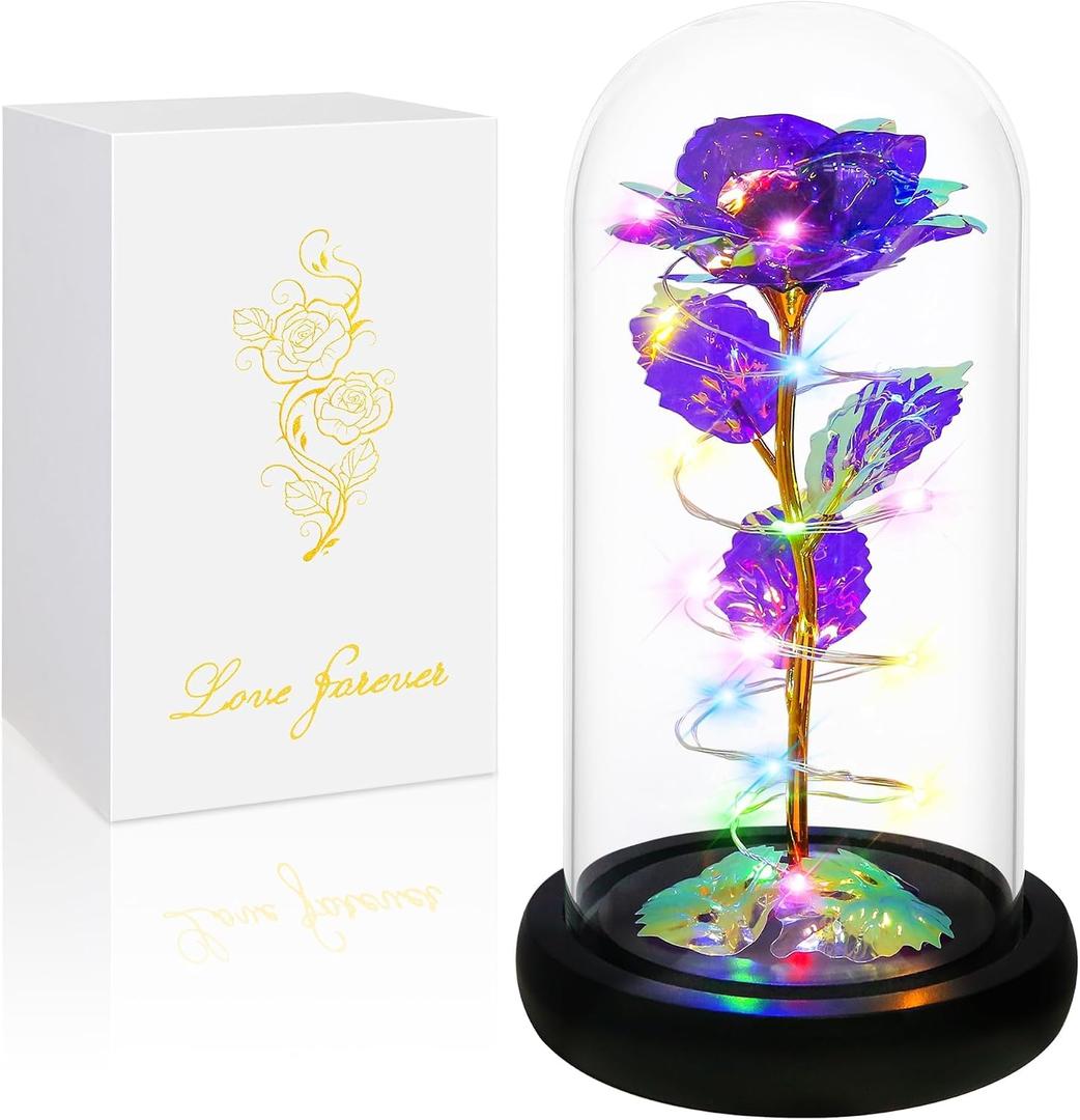 Childom Mothers Day Mom Gifts for Mom,Birthday Gifts for Women Grandma,Flowers for Delivery Prime,Colorful Purple Light Up Rose in A Glass Dome,Anniversary Valentines Roses Gift for Her Wife Daughter