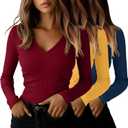Ficerd 3 Pack Women's Long Sleeve T Shirts Cotton V Neck Slim Fit Tops Ribbed Knit Layering Casual Basic Tees Fall (M)