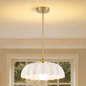 Milk Flower Gold Chandelier, 16" Vintage Milk Glass Floral Pendant Light | Adjustable Height Hanging Chandelier for Dining Room Living Room Kitchen Island Bedroom