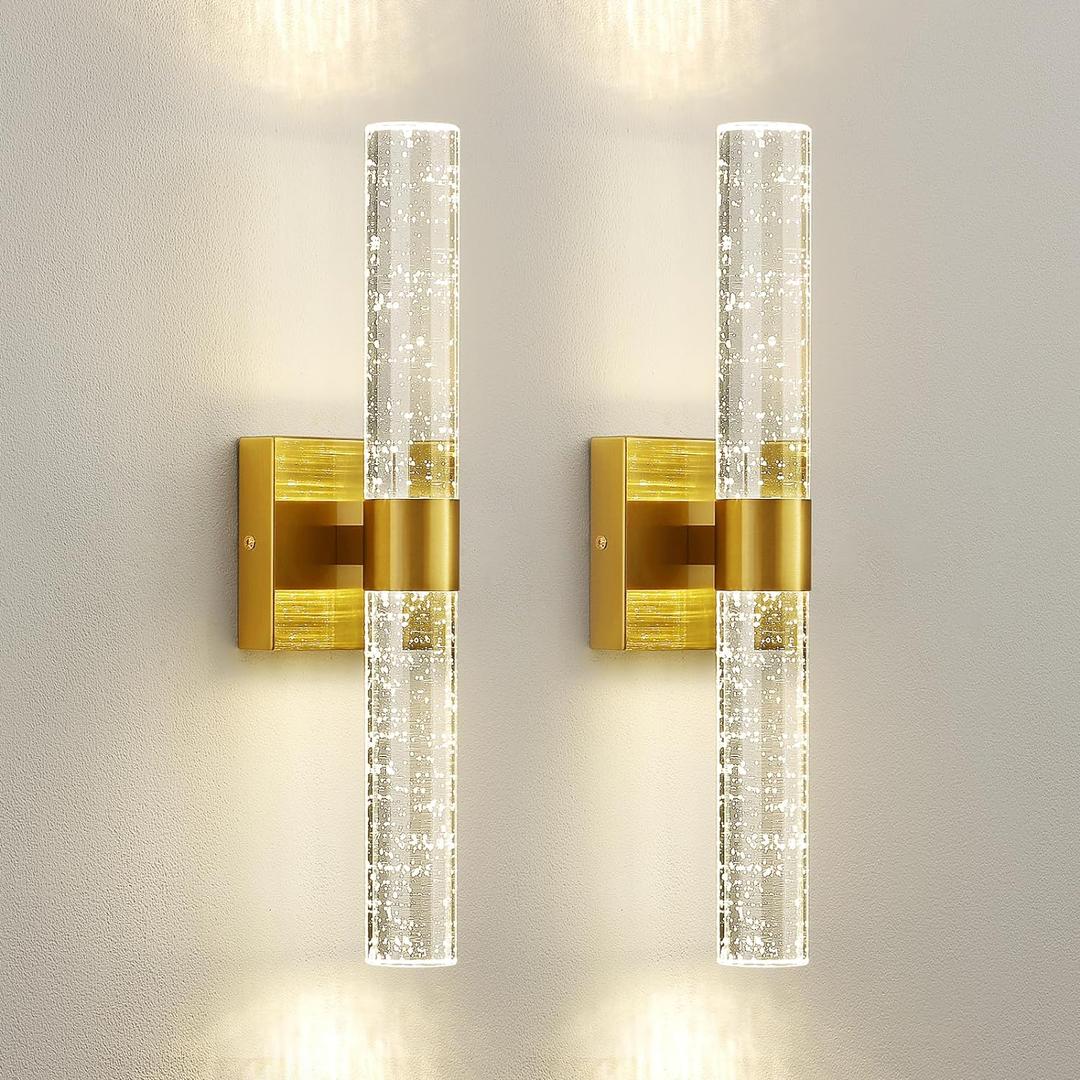 Gold Wall Sconces Set of Two - Modern Crystal Sconces Wall Lighting 12W 4000K LED Wall Sconce Dimmable Indoor Wall Light Fixtures for Bathroom Bedroom Living Room Hallway, 18 Inch