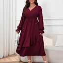 Womens Plus Size Wedding Guest Cocktail Maxi Dress Faux Wrap V Neck Long Sleeve Ruffle Hem Split Long Dress (XL)