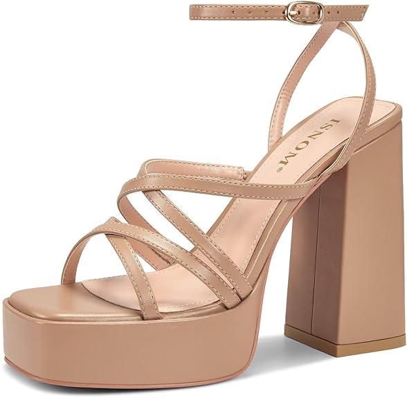 ISNOM Platform Chunky Heels for Women, Block Heel Sandals with Open Square Toe and Ankle Strap 7.5