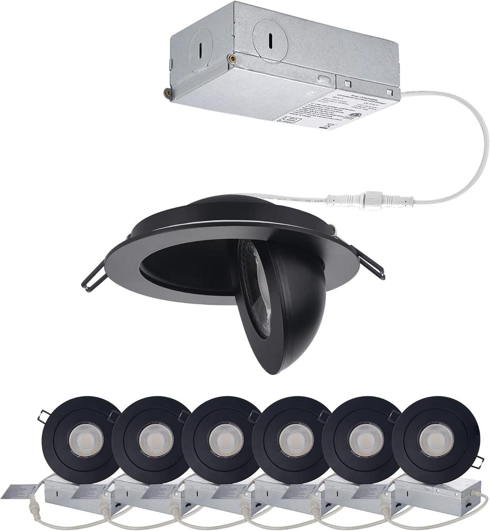 Gimbal LED Recessed Light - 4 Inch Black 9W 360 Rotation Directional Adjustable Eyeball Sloped Ceiling Recessed Lighting 4 inch Light Wafer Soffit Indoor Spotlight Canless Black 4 inch 6 Pack