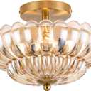 Semi Ceiling Mount Lighting Fixure - 4-Light Ceiling Light Fixture with Amber Glass - Gold Vintage Hallway Light Fixtures for Bedroom, C2513-AM