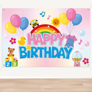 Cartoon Girls Happy Birthday Backdrop English Teacher Birthday Party Decorations Cartoon Teacher Themed Party Supplies Rainbow Denim Overalls Theme Backdrop for Girls Photo Booth Props Classroom Decor