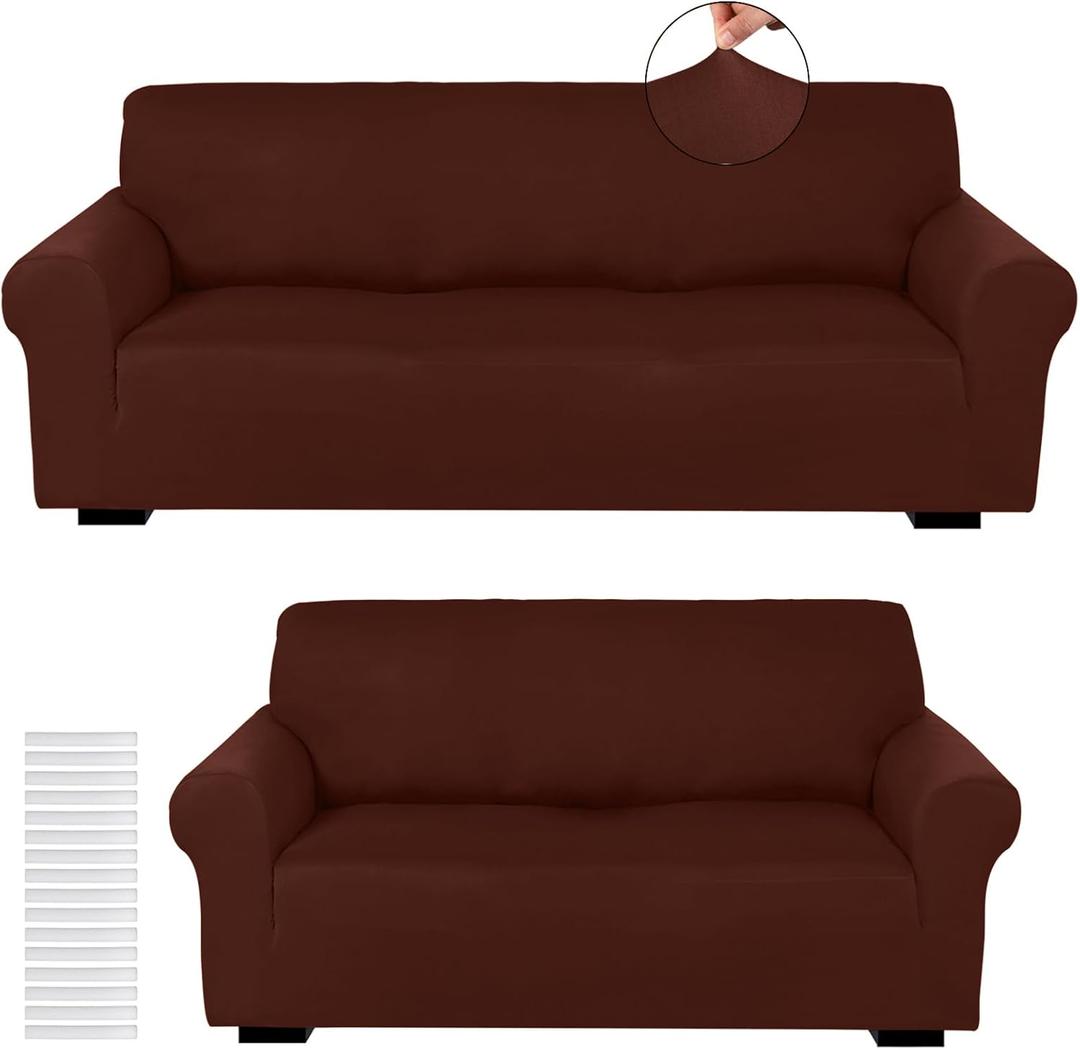 Peryiter 2 Pcs Sofa Covers Couch and Loveseat Covers Set Stretch Sofa Slipcover for Living Room Armchair Furniture Protector, Wrinkle Proof(Brown,Milk Silk)