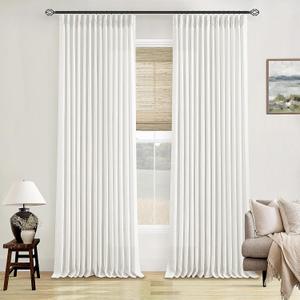 Off White Linen Curtains 102 Inches Long 2 Panels for Living Room Modern Thick Linen Flax Pinch Pleated Memory Trained Light Filtering Ceiling Semi Sheer Curtain with Hook Rings Ivory Beige White