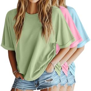 Riyiper Pack of 3 Women's Oversized T Shirt Cotton Half Sleeve Summer Tees Casual Loose Fit Crew Neck Basic Tops (Baby Blue, Peach Pink, Black)