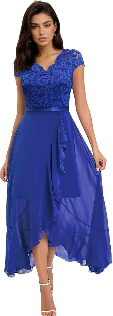 Womens V-Neck Lace Short Sleeve Bridesmaid Dress Chiffon A-line Ruffle Hem Split Wedding Party Midi Dress (Blue, XL)