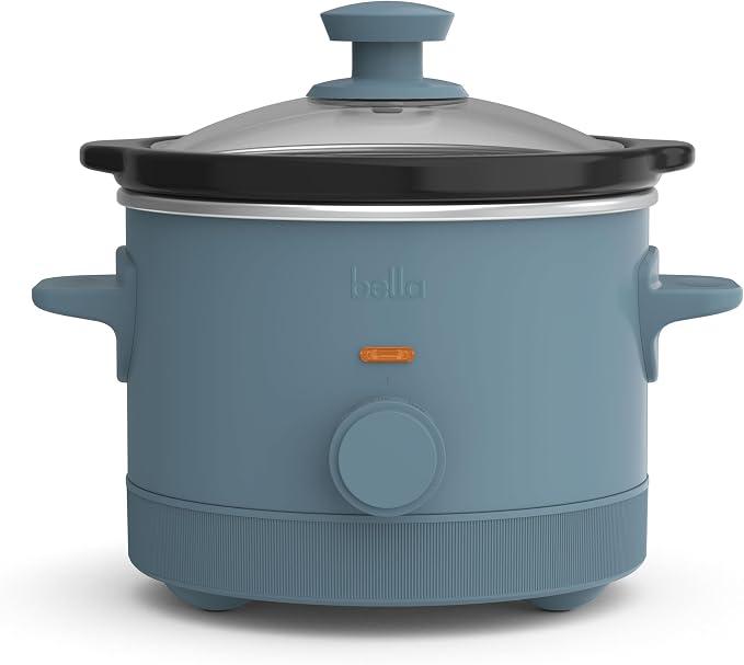 Bella 1.5 Qt Slow Cooker with 3 Heat Manual Control, Ceramic Nonstick Coating, Dishwasher Safe Stoneware Pot and Tempered Glass Lid, Tangle Free Cord Wrap & Cool Touch Handles, Seaglass, 1.5 Quarts