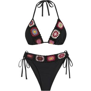 ZAFUL Women's Halter Triangle Bikini Set Crochet Boho Floral Swimsuit Cut Out Tie Side Two Piece Bathing Suit (1-Black, M)