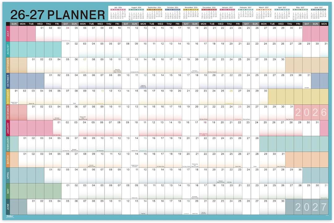 2026-2027 Yearly Wall Calendar - Calendar 2026-2027, Yearly Wall Calendar, July 2026 - June 2027, 23.1" x 34.6" (Open), Wall Calendar 12 Month, Julian Dates, Thick Paper, Round Stickers (Blue)