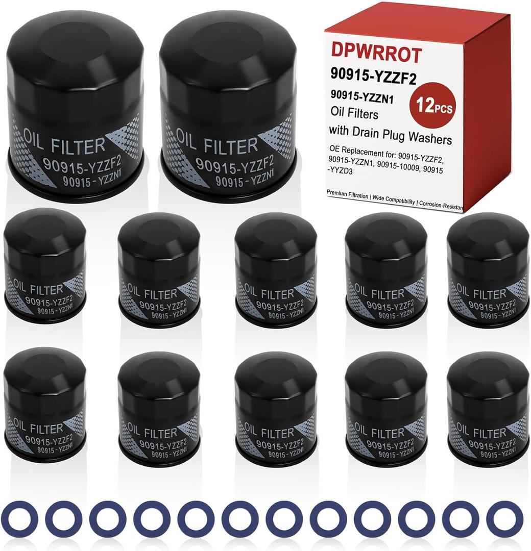 12 Packs 90915-YZZF2 Oil Filter, Engine Oil Filter with Drain Plug Washers Compatible with Toyota RAV4 Camry Corolla Prius Avalon Highlander Scion, Replace 90915-YZZN1 90915-10009 90915-YYZD3