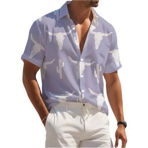 WDIRARA Men's Cow Print Button Front Summer Casual Shirts Colorblock Short Sleeve Collared Neck Shirts