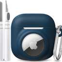 2 in 1 Silicone Case Compatible with AirPod 4 and AirTag 2/1, Shockproof Protective Skin Cover for AirPods 4th Generation with Cleaner Kit & Carabiner (Dark Blue)