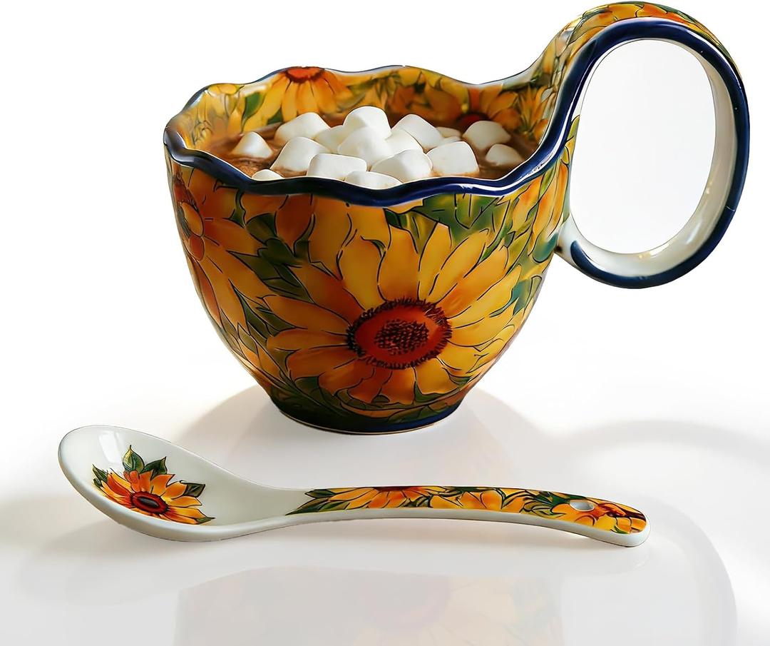 Sunflower Pattern Ceramic Soup Bowls with Handles - Decorative Soup Bowl Set for Breakfast Cereal/Yogurt (Including Spoon)