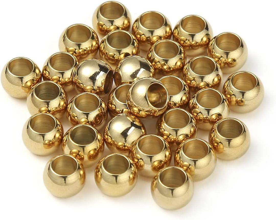 60 Pcs Gold Plated Stainless Steel Round Spacer Beads 5mm Hole, Seamless Loose Beads for DIY Bracelet Necklace Jewelry Making Findings 9mm