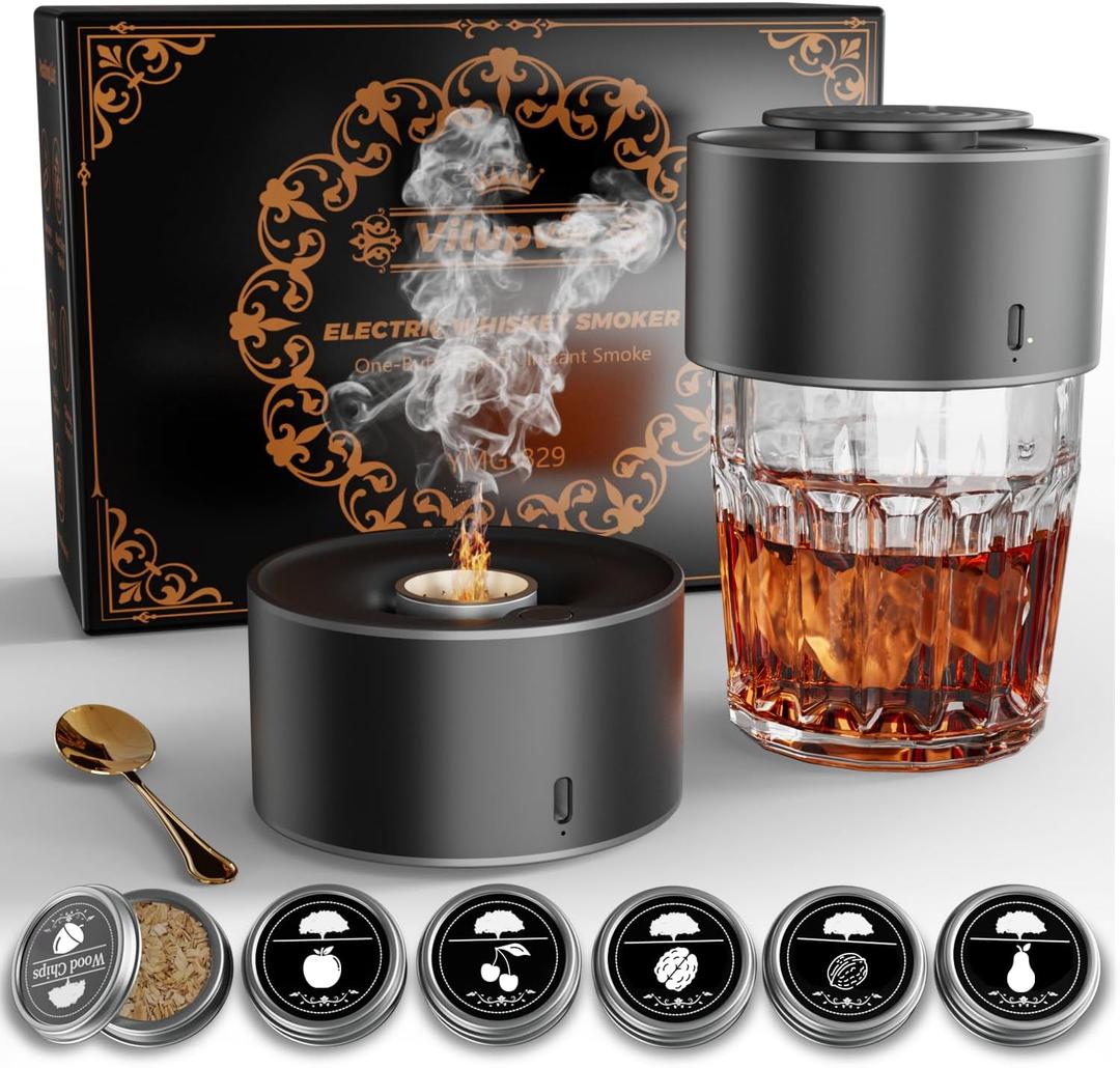 Electric Whiskey Smoker Kit Built in Heating Rod & Brushless Fan, Rechargeable Cocktail Smoker Kit with 6 Premium Wood Chips, Old Fashioned Drink Smoker for Bourbon, Christmas Gifts for Men