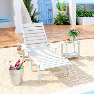 Pamapic 500 LBS Lounge Chair with Coffee Table Set of 2, Wide Armrest Oversized Chaise Lounge Chair with Wheel, 4 Positions Chaise Lounge with Cup Holder, Outdoor Lounge Chairs for Poolside, White