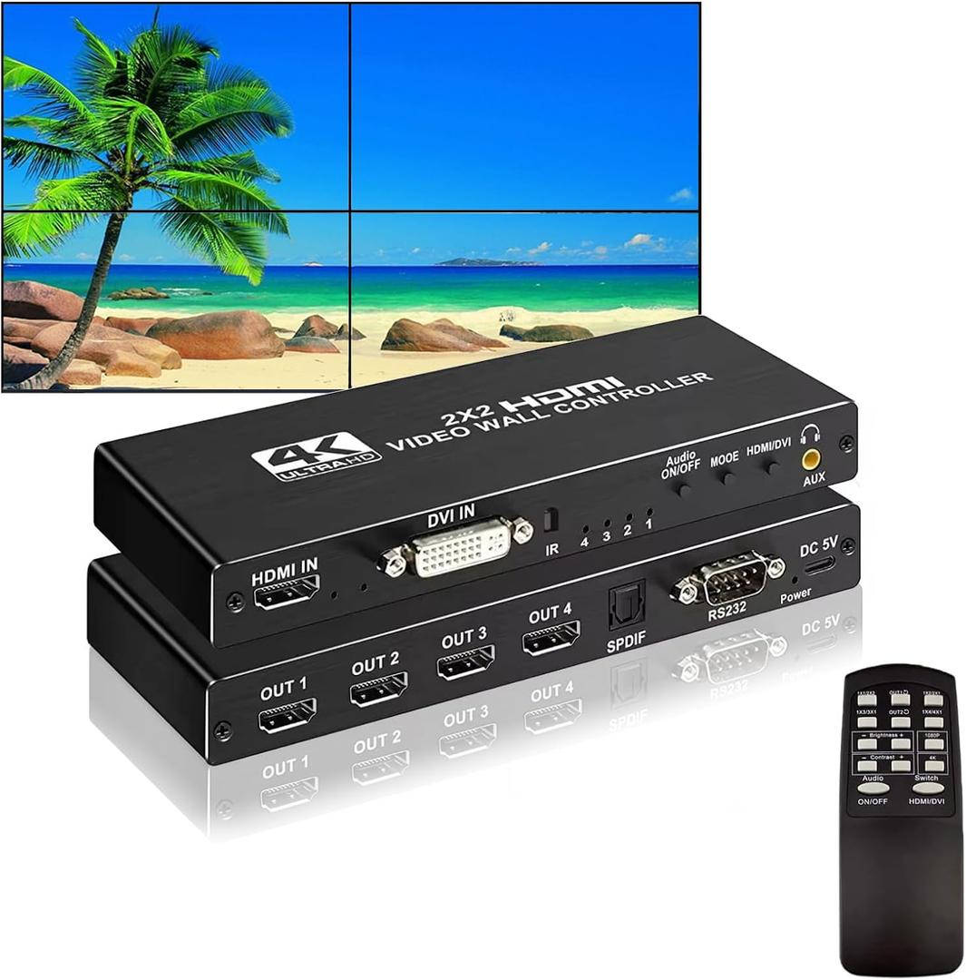4K HDMl Video Wall Controller 2x2, 180 Rotate Video Wall Processor with IR Remote, 8 Splicing Modes 1x1 1x2 1x3 1x4 2x1 3x1 4x1, Combine 4 Screens into 1 Wall Display