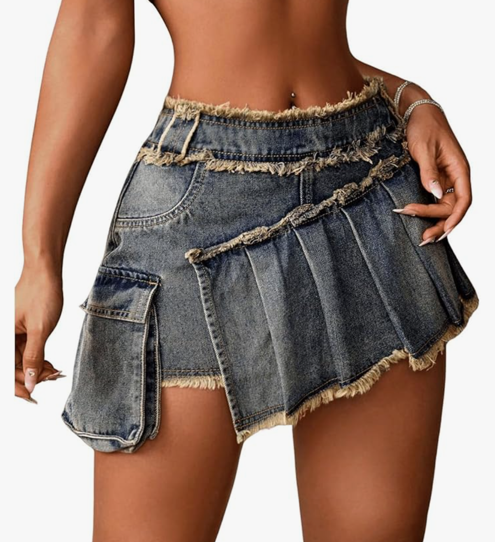 Women's Ripped Pleated Mini Denim Skirts Asymmetrical Raw Hem Jean Skirt Size S