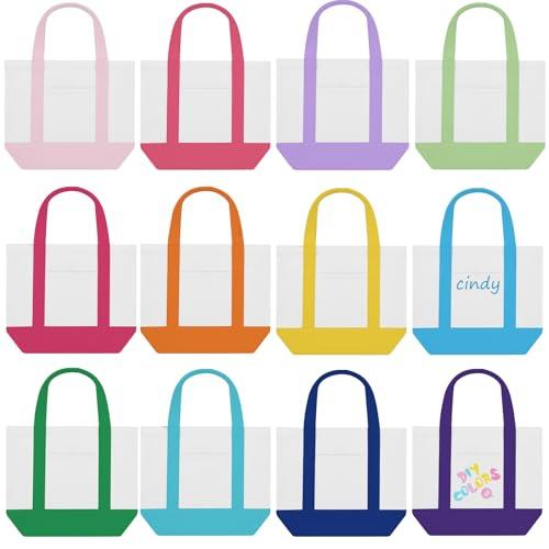 Eccliy 12 Pcs Mini Canvas Tote Bags 13" x 11" x 6" Small Tote Shopping Bag Bulk with Pocket Handle Blank Heavy Duty Reusable Canvas (13" X 11" X 6",Stylish Color)