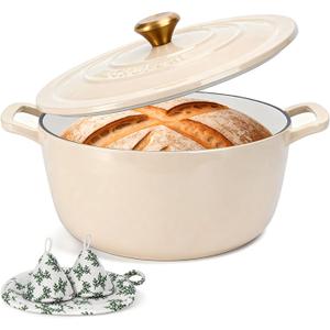 Enameled Cast Iron Dutch Oven - JINCHUFURI 5 Quart Cast Iron Dutch Oven Enameled Oven with Lid for Sourdough Bread Baking, Pre-Seasoned Pot Oven Safe