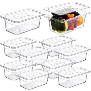 Eaasty 10 Pack Plastic Food Pans 1/4 Size Clear Food Pans with Lid Acrylic Transparent Stackable Plastic Fruits and Vegetables Storage Containers Restaurant Supplies(4 Inch High) 