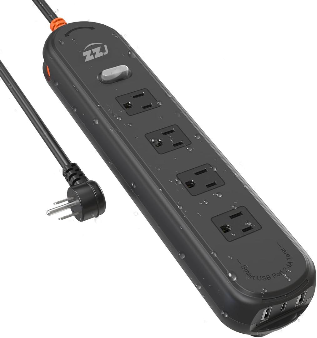 Outdoor Power Strip Weatherproof, 7-in-1 Surge Protector with 4 Wide Outlets 2USB A and 1USB C,1625W/13A, 6FT Flat Plug Multi-Plug Outdoor Extension Cord for Indoor Outdoor, UL FCC Listed