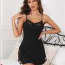 Marvmys Women's Sexy Lace Babydoll Nightgown Sleeveless Chemise Side Slit Lingerie Modal Sleepwear (Black, L)