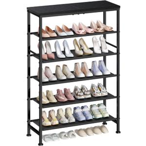 Mavivegue 6 Tier Shoe Rack Organizer, Metal Organizer Shelf with with MDF Top Panel and Layer Fabric, Shoe Rack for Front Door Entrance, Black & Rustic Brown