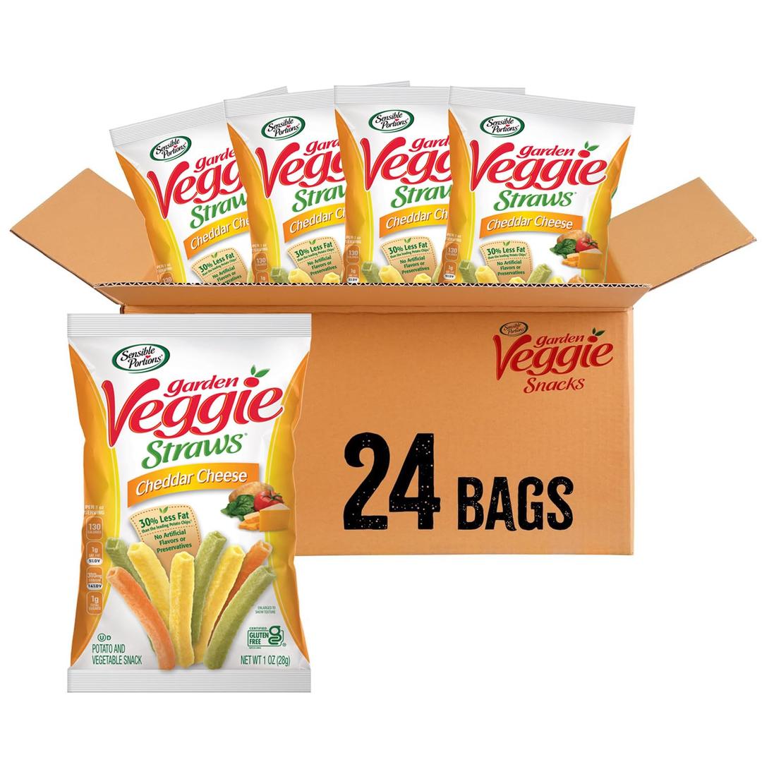 Sensible Portions Garden Veggie Snacks - Veggie Straws, Snack Size, Cheddar Cheese, 1 Oz (Pack of 24) (EXP 08/01/26)