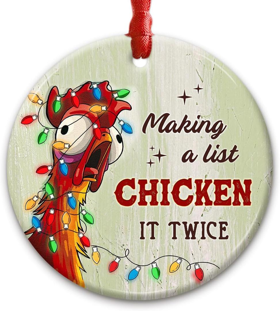 4 x Chicken Christmas Ornament - Funny Rooster Holiday Decoration - Making a List Chicken It Twice Ceramic Hanging Decor, Farm Animal Lover Gift, Farmer Xmas Present