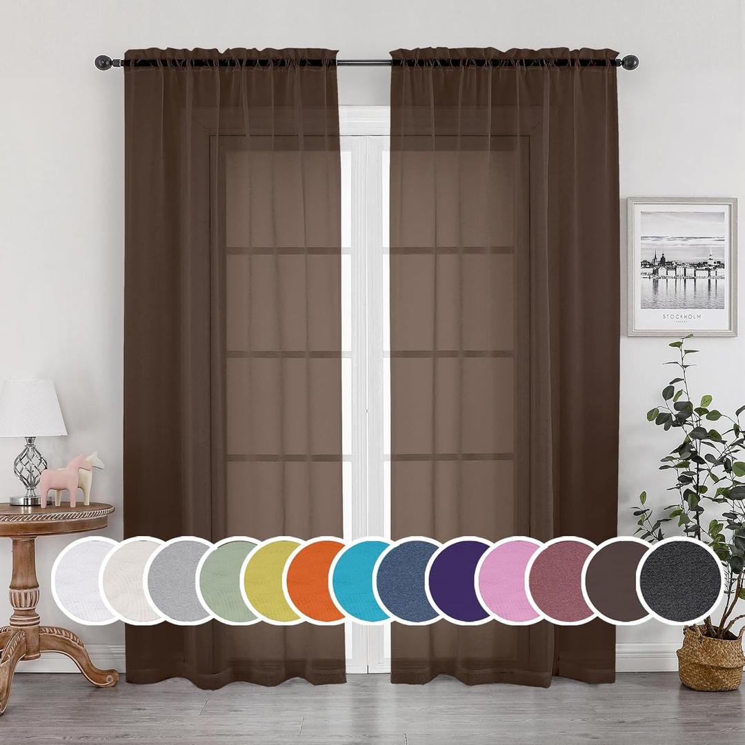 OWENIE Sheer Chocolate Curtains, Sheer Curtains 84 inch Length 2 Panels Set, Rod Pocket Voile Fimly Sheer Drapes for Living Room/Bedroom, 2pcs, Each 42" W x 84" L