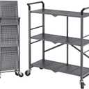 3 Tier Utility Carts - Folding Metal Rolling Cart with Wheels for Kitchen Office Garage Storage, Grey