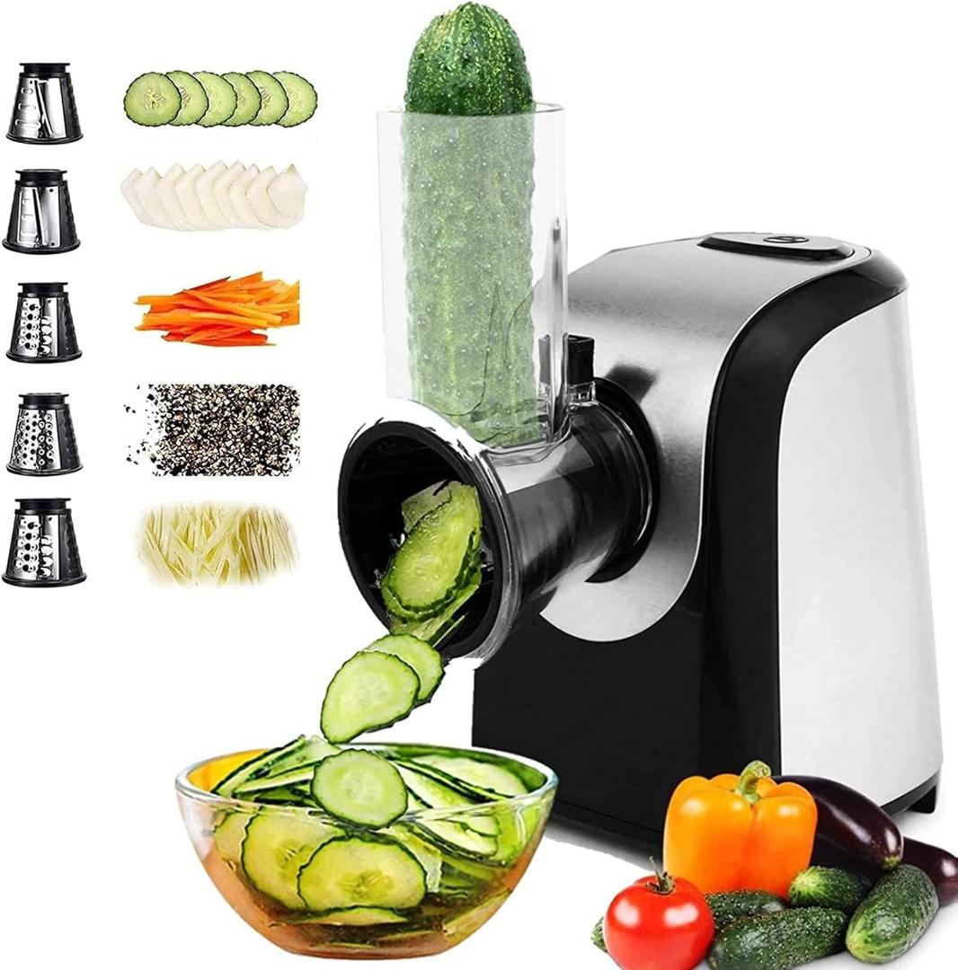Electric Cheese Grater 5 In 1 Professional One-Touch Control Professional electric slicer/shredder, Spiralizer for Veggies, Carrots (150W)