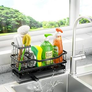 Sponge Holder for Kitchen Sink, Self-Draining Sink Caddy Organizer with Removable Brush Holder, Rustproof Metal Sponge Rack for Countertop, Fits Soap Dispenser & Scrubber, Black